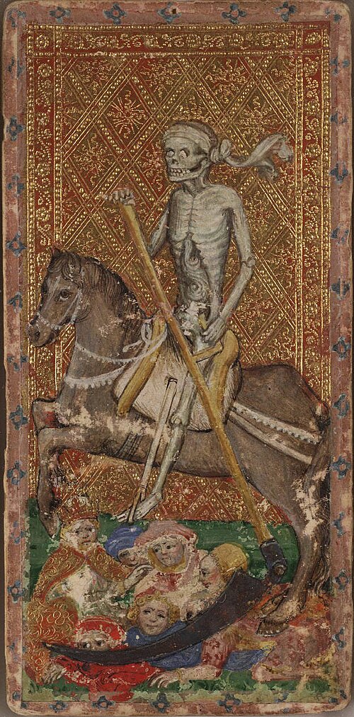 Detalle del naipe de la Muerte del tarot Visconti di Modrone, siglo XV. Un esqueleto a caballo con una guadaña sobre fondo dorado.